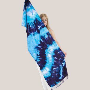 Coos Bay Tie Dye Scarf | Blue + Aqua Hand-Dyed Fringe Rayon Wrap by Akasha Sun